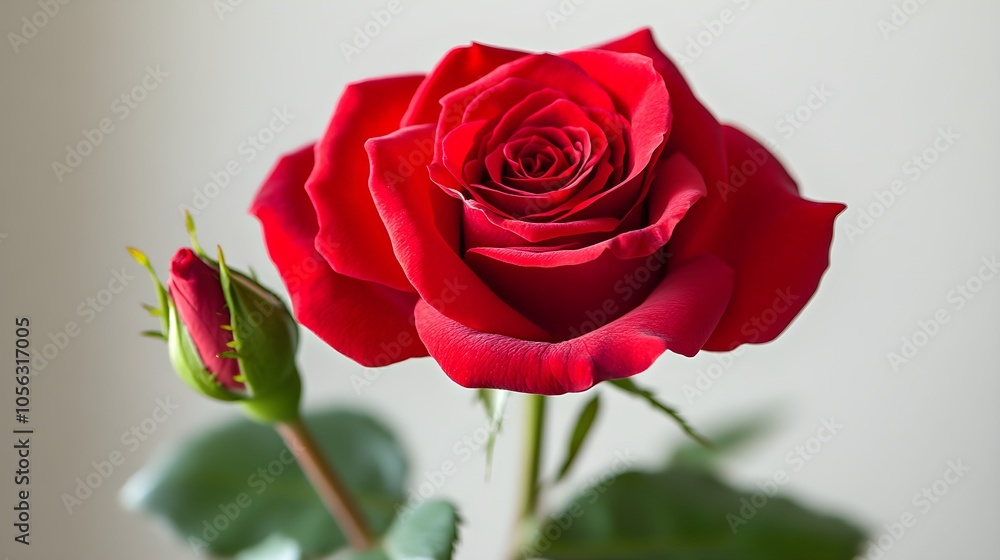 Macro shot of a fresh red rose, focusing on the velvety texture of petals, crisp white backdrop, beautiful red rose, romantic floral elegance