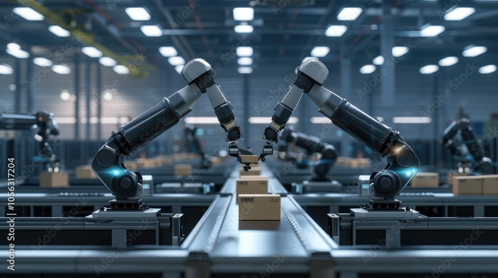 High-tech robotic arms sorting packages in a modern storage facility High-tech robotic arms sorting packages in a modern storage facility