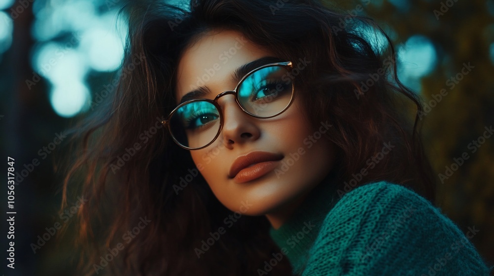 A young woman with long dark hair and glasses looks off to the side with a subtle smile. A young woman with long dark hair and glasses looks off to the side with a subtle smile.
