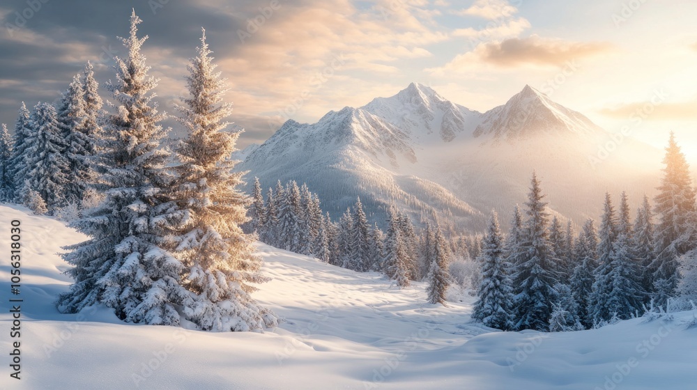 A snowy mountain range with pine trees. The trees are covered in snow and are spread out across the landscape A snowy mountain range with pine trees. The trees are covered in snow and are spread out across the landscape