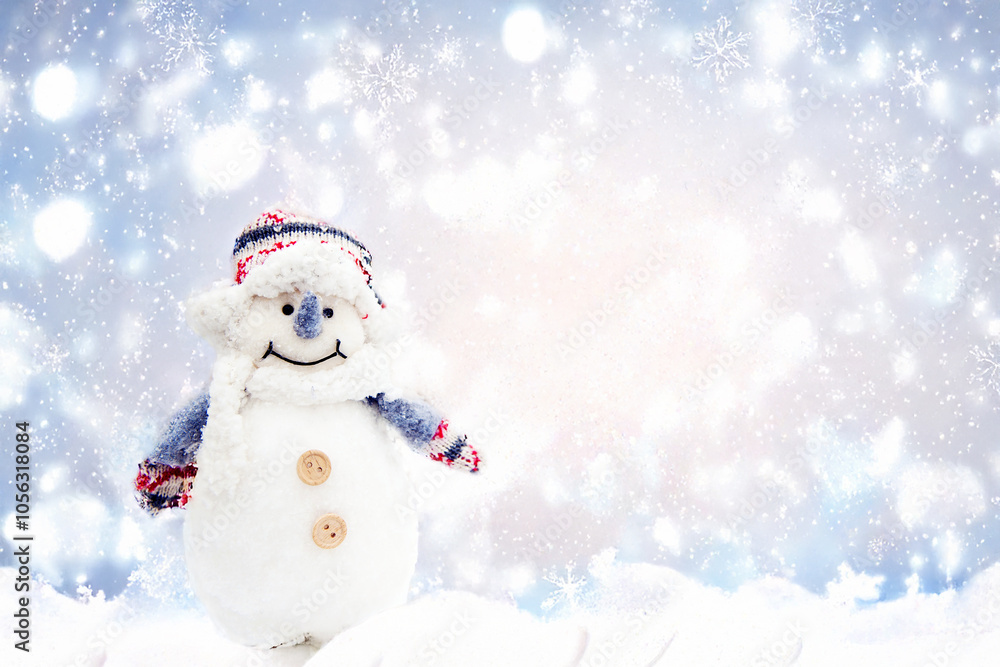 A cheerful snowman dressed in a colorful winter hat and scarf, standing against a snowy, sparkling background filled with bokeh lights and delicate snowflakes, creating a festive and cozy winter scene A cheerful snowman dressed in a colorful winter hat and scarf, standing against a snowy, sparkling background filled with bokeh lights and delicate snowflakes, creating a festive and cozy winter scene