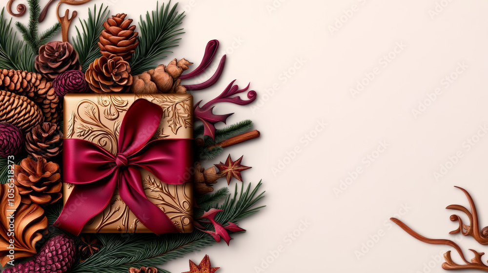 A festive gift box with a burgundy bow and pine sprigs. A festive gift box with a burgundy bow and pine sprigs.
