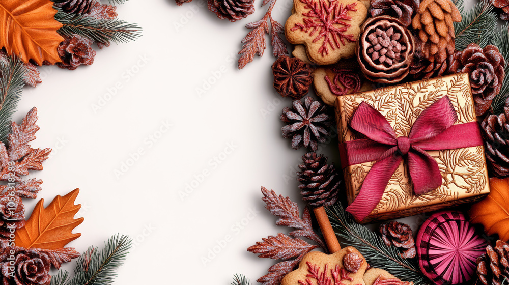 A festive gift with a red bow surrounded by pine sprigs, cookies, and pinecones. A festive gift with a red bow surrounded by pine sprigs, cookies, and pinecones.