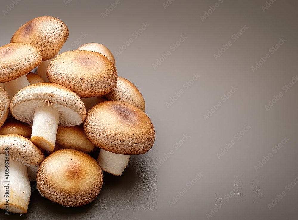 Brown shiitake mushrooms are arranged in a small pile on a random background, highlighting their rich texture and color for culinary uses Brown shiitake mushrooms are arranged in a small pile on a random background, highlighting their rich texture and color for culinary uses