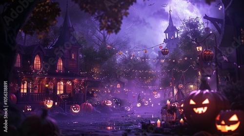 A Halloween Night in a Mystical Village with Jack-o'-Lanterns and Fairy Lights