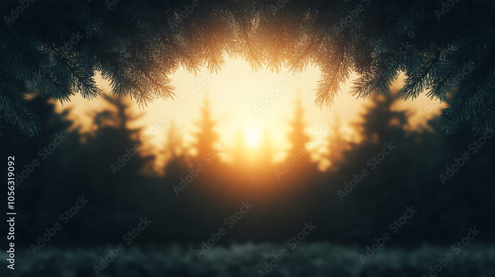 Obraz premium A soft, warm glow of the setting sun filters through the pine branches, casting a magical light on the forest.