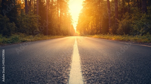 A road with a white line down the middle. The road is empty. The sun is shining on the road