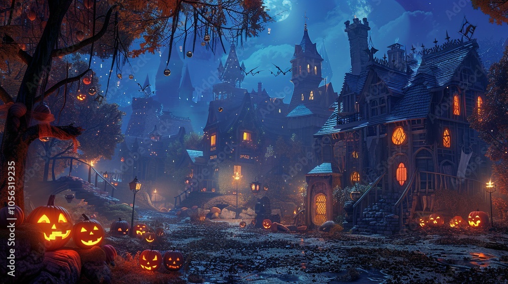 A Halloween Village with Lit Jack-O-Lanterns Under a Full Moon A Halloween Village with Lit Jack-O-Lanterns Under a Full Moon