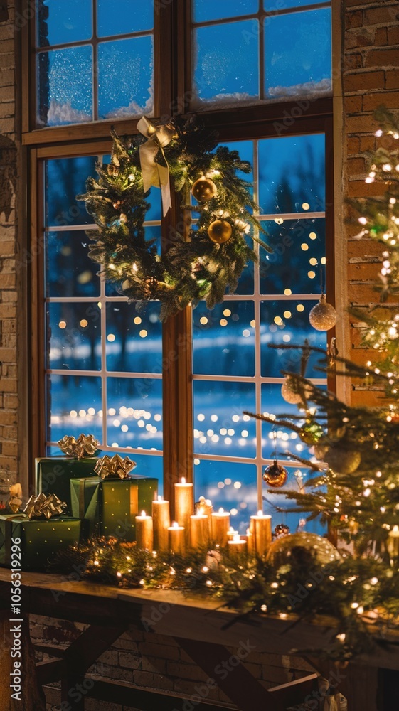 custom made wallpaper toronto digitalCozy Christmas Eve window display featuring warm glowing pillar candles, a festive wreath, and wrapped gifts in a vertical, rustic setting.