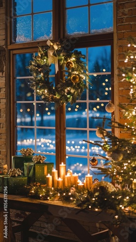 Wallpaper Mural Cozy Christmas Eve window display featuring warm glowing pillar candles, a festive wreath, and wrapped gifts in a vertical, rustic setting. Torontodigital.ca