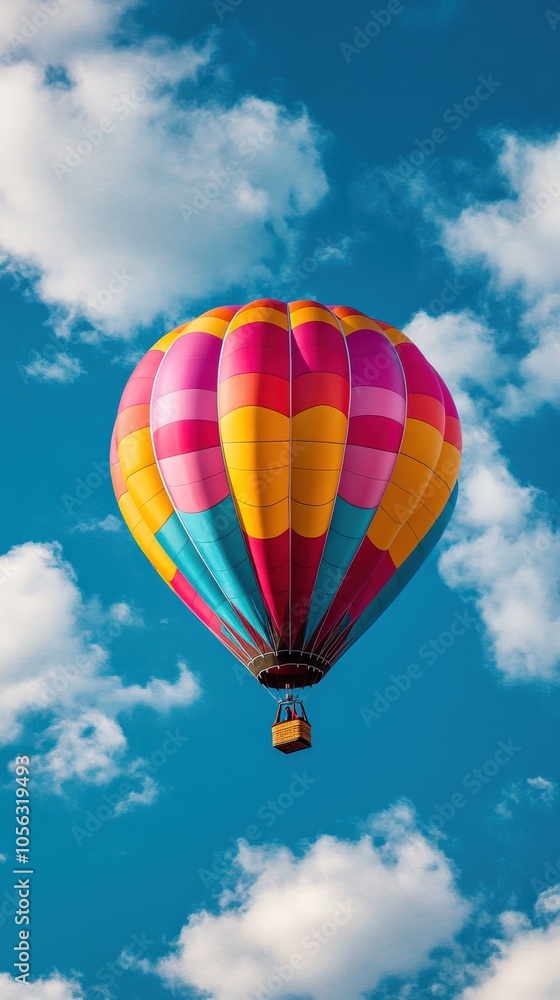Colorful hot air balloon soaring through a clear blue sky with fluffy clouds. Colorful hot air balloon soaring through a clear blue sky with fluffy clouds.