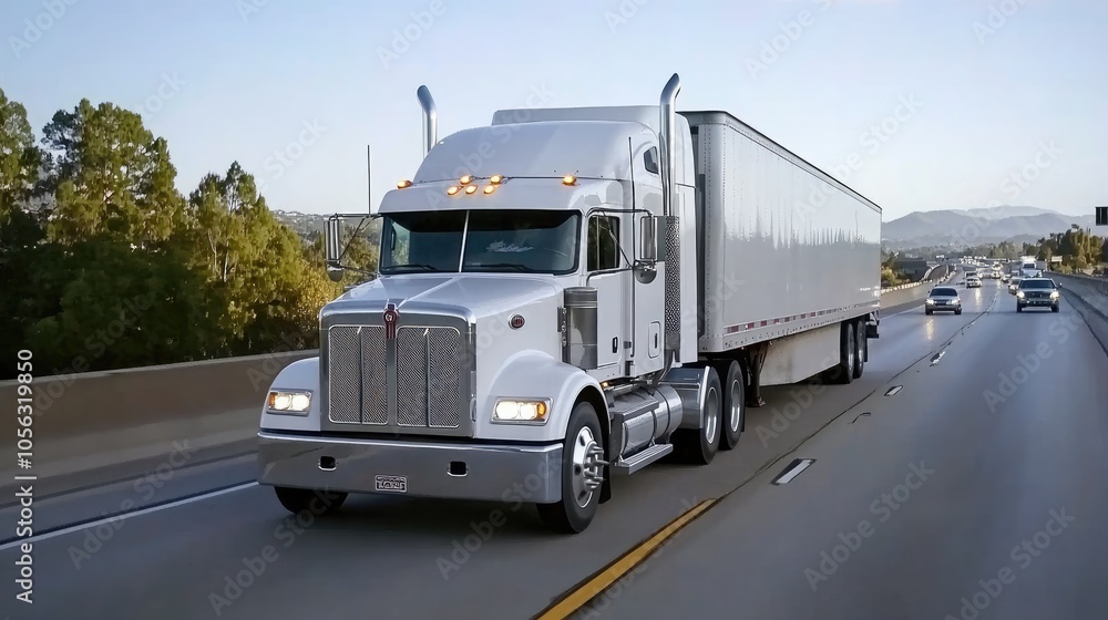 A large truck with a trailer navigates a highway, while blurred cars speed by beneath a vibrant blue sky and mountains A large truck with a trailer navigates a highway, while blurred cars speed by beneath a vibrant blue sky and mountains