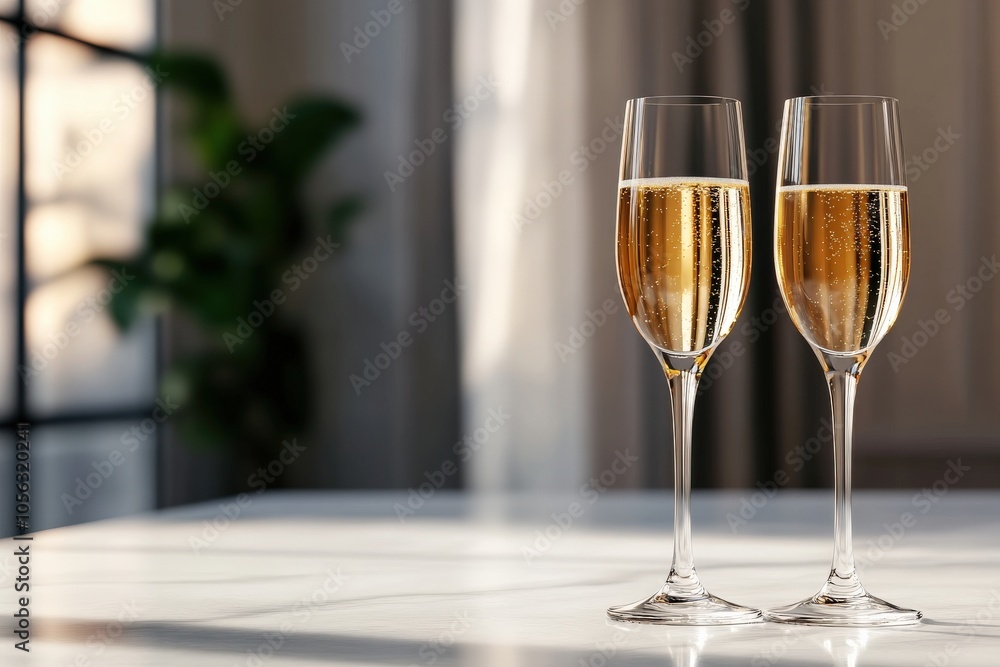 Elegant champagne glasses with bubbly drink on a bright table setting. Elegant champagne glasses with bubbly drink on a bright table setting.