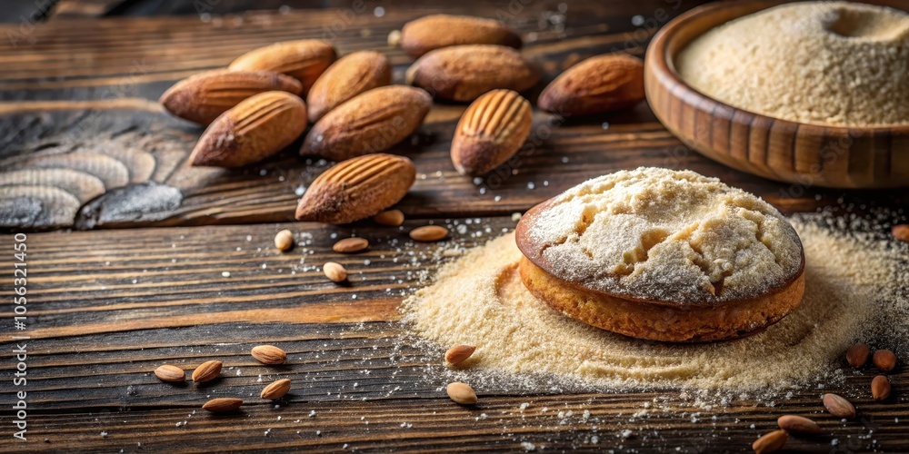 A Single Almond Cake dusted with Powdered Sugar Surrounded by Almonds and Powdered Sugar on a Rustic Wooden Surface A Single Almond Cake dusted with Powdered Sugar Surrounded by Almonds and Powdered Sugar on a Rustic Wooden Surface