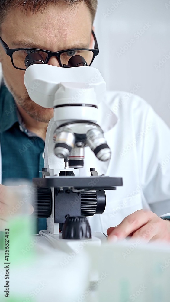 Man scientist using microscope in laboratory. Microbiology science concept Man scientist using microscope in laboratory. Microbiology science concept
