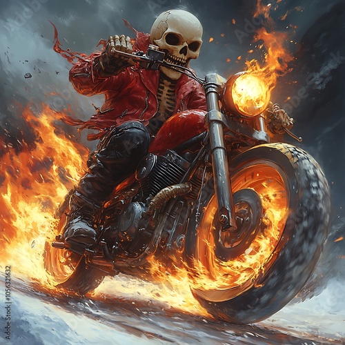 Skeleton on flaming motorcycle racing through night engulfed in flames picture photo