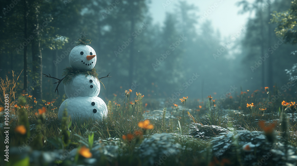 Obraz premium Scène hivernale avec bonhomme de neige en forêt