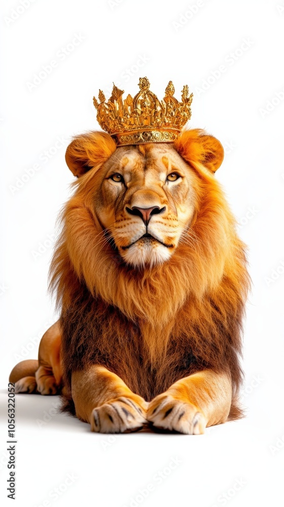 Fototapeta premium Lion wearing a golden crown, white isolated background.