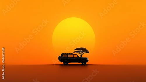 African Safari Savanna Landscape with Wild Animal Silhouettes, Trees, and Vehicle Against Sun, Isolated on White Background - Perfect for Logos and Banners photo