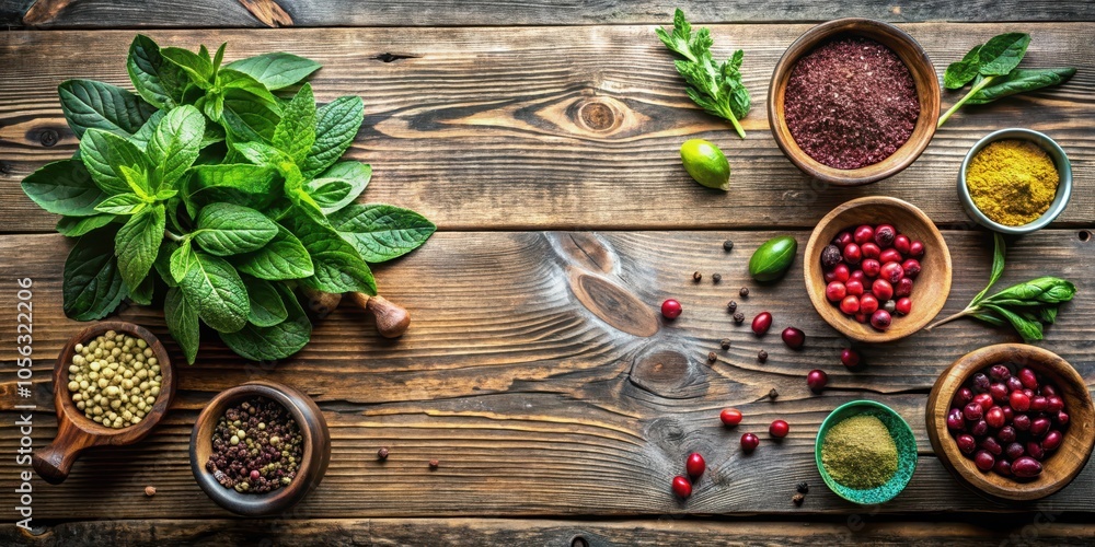 A Rustic Wooden Tabletop Scattered with Fresh Herbs, Spices, and Berries for a Flavorful Culinary Experience A Rustic Wooden Tabletop Scattered with Fresh Herbs, Spices, and Berries for a Flavorful Culinary Experience