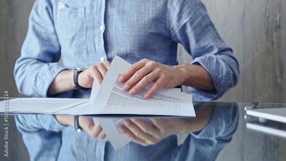Businessperson analyzing document at desk. Close-up of a professional auditor or lawyer reviewing a lengthy paper report in office setting. Business people concept Businessperson analyzing document at desk. Close-up of a professional auditor or lawyer reviewing a lengthy paper report in office setting. Business people concept