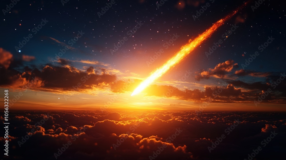 Fototapeta premium Meteor blazing through the atmosphere, vibrant colors, celestial event above clouds