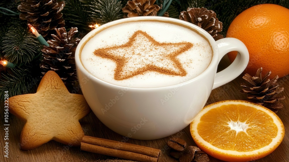 Christmas Coffee With Gingerbread Star Cookie and Cinnamon Sticks Surrounded by Fresh Oranges Christmas Coffee With Gingerbread Star Cookie and Cinnamon Sticks Surrounded by Fresh Oranges