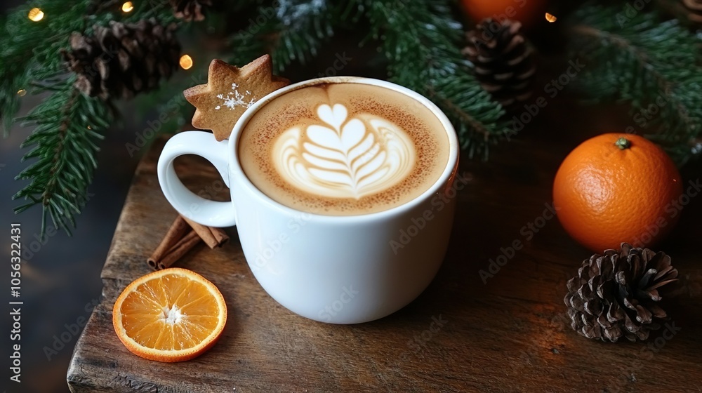 Cozy Winter Coffee With Gingerbread Cookie and Cinnamon Sticks on Rustic Table Cozy Winter Coffee With Gingerbread Cookie and Cinnamon Sticks on Rustic Table