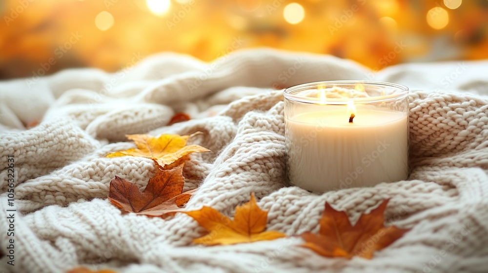 Minimal Candle Arrangement on Wooden Surface With Autumn Leaves Minimal Candle Arrangement on Wooden Surface With Autumn Leaves
