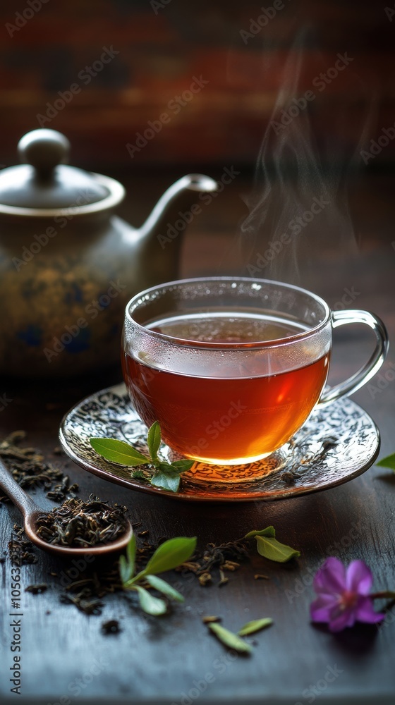 Steaming cup of black tea with teapot and dried tea leaves Steaming cup of black tea with teapot and dried tea leaves