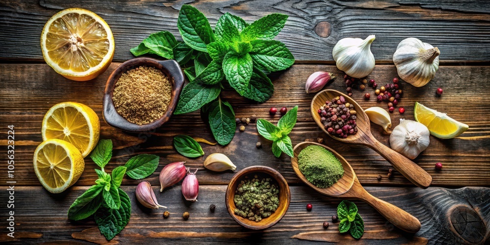 A Rustic Tabletop Display of Aromatic Herbs, Spices, and Citrus Fruits for a Flavorful Culinary Experience