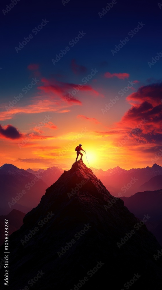 Silhouette of a climber on a mountain peak during a vibrant sunset. Silhouette of a climber on a mountain peak during a vibrant sunset.