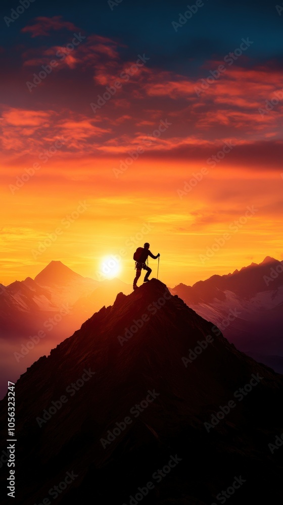 Silhouette of a hiker at sunset atop a mountain peak, vibrant sky in background. Silhouette of a hiker at sunset atop a mountain peak, vibrant sky in background.