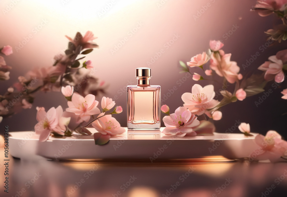 A clear glass bottle of perfume sits on a white platform, surrounded by pink cherry blossoms. The bottle is illuminated by warm light, casting a glow on the surrounding flowers. A clear glass bottle of perfume sits on a white platform, surrounded by pink cherry blossoms. The bottle is illuminated by warm light, casting a glow on the surrounding flowers.