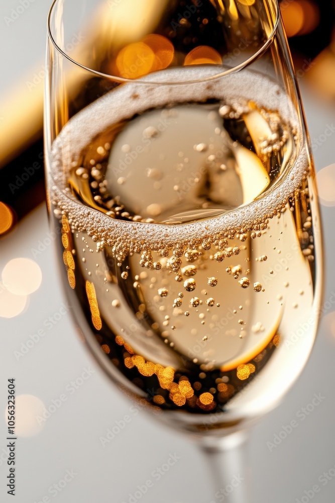 Sparkling champagne in a glass with golden bubbles and festive background.