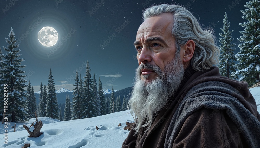 Elderly Man with Silver Beard Gazing at Full Moon in Snowy Forest Landscape Elderly Man with Silver Beard Gazing at Full Moon in Snowy Forest Landscape