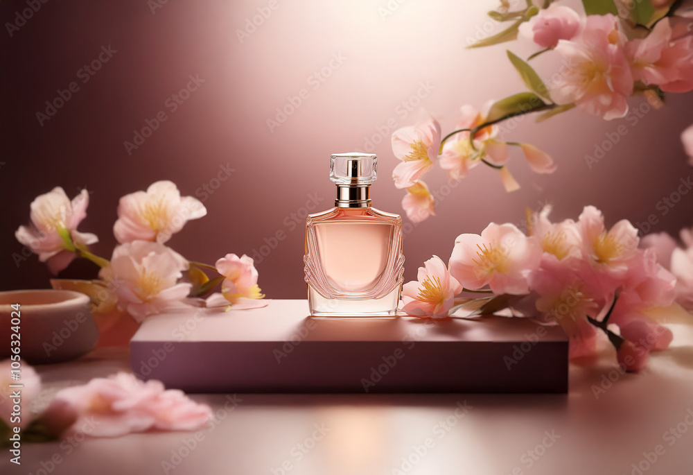 A glass bottle of perfume sits on a table, surrounded by delicate pink blossoms. A glass bottle of perfume sits on a table, surrounded by delicate pink blossoms.
