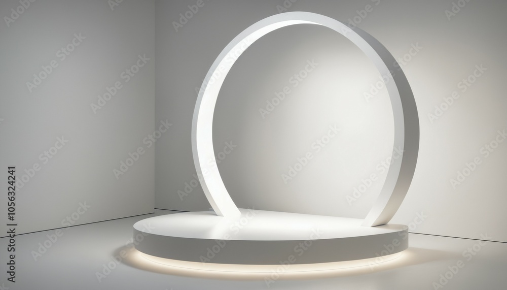 Clean white podium with soft curves, illuminated by diffused light that creates a gentle, calming ambiance Clean white podium with soft curves, illuminated by diffused light that creates a gentle, calming ambiance