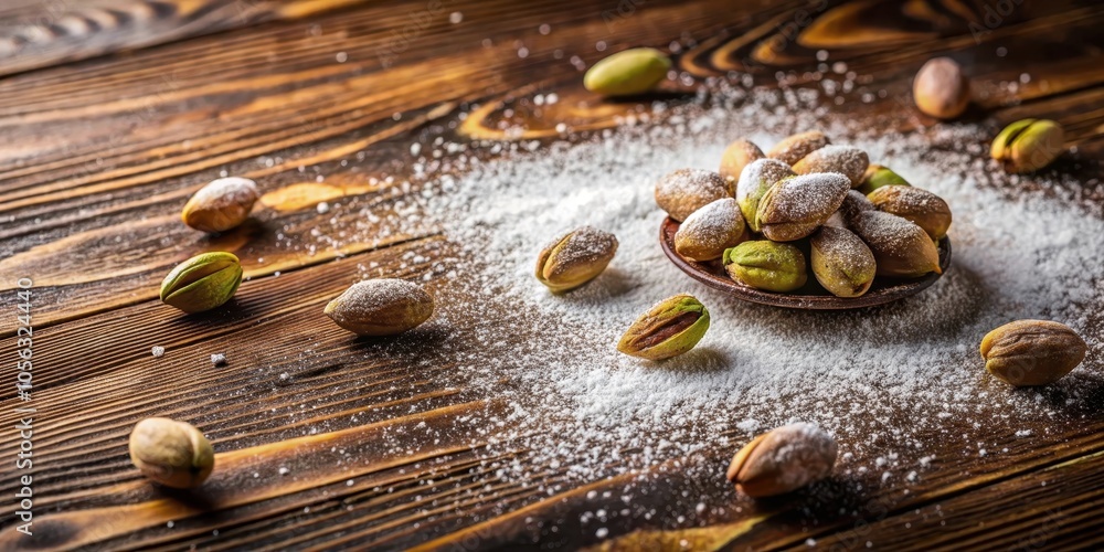 A scattered arrangement of sugared nuts resting on a rustic wood surface with powdered sugar dusted across the boards A scattered arrangement of sugared nuts resting on a rustic wood surface with powdered sugar dusted across the boards