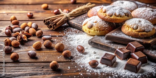 Sweet Treats with a Side of Rustic Charm Powdered Sugar Dusted Pastry, Aromatic Cinnamon Sticks, and Scattered Nuts on a Rough Wooden Tabletop