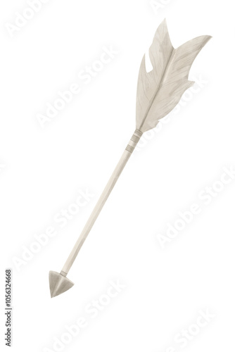 Illustration Watercolor Wooden Arrow with Feathers Monochrome. Digital Clipart Vintage for Printing and Web