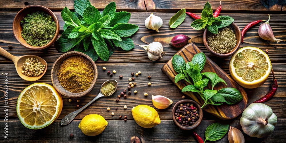A Culinary Symphony of Fresh Herbs, Spices, and Citrus Fruits on a Rustic Wooden Surface A Culinary Symphony of Fresh Herbs, Spices, and Citrus Fruits on a Rustic Wooden Surface