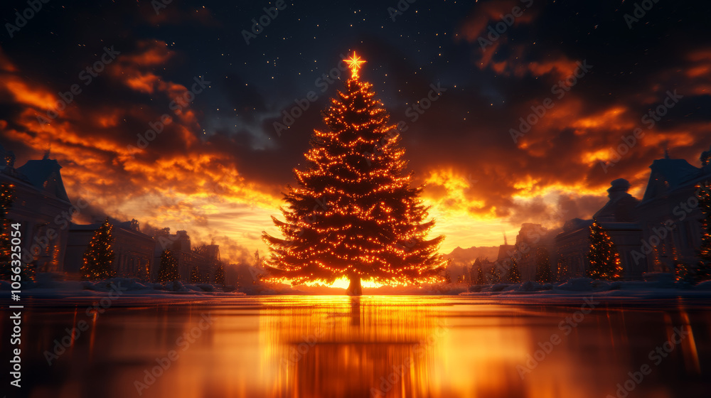 A large Christmas tree glows with warm lights against a stunning sunset sky. A large Christmas tree glows with warm lights against a stunning sunset sky.