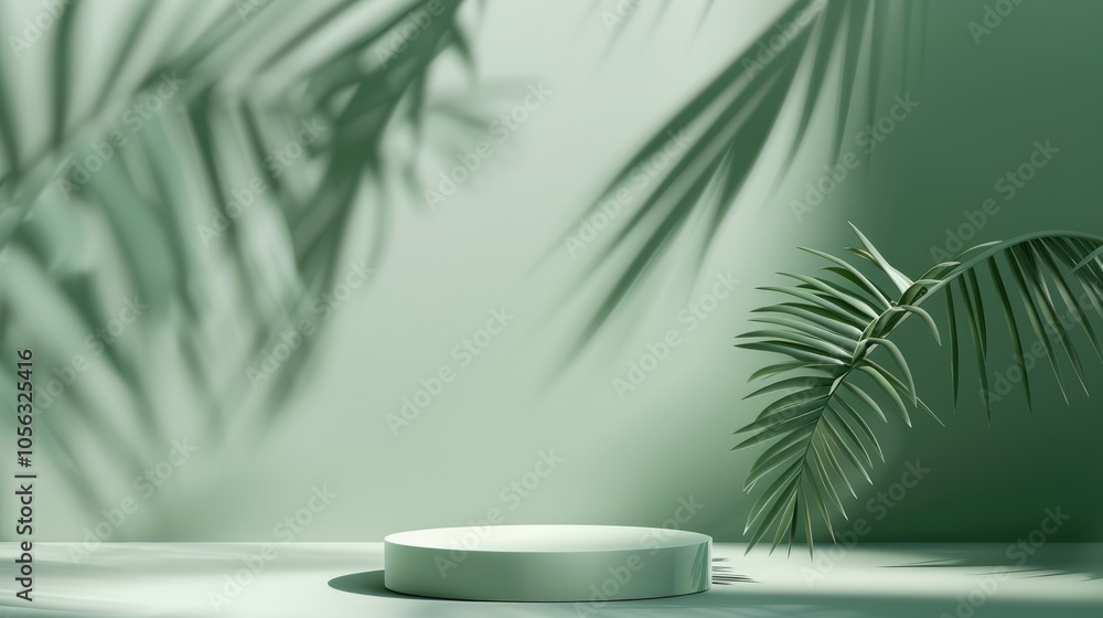 Green abstract background with palm leaf shadows and geometric podium for eco beauty product presentation. Green abstract background with palm leaf shadows and geometric podium for eco beauty product presentation.