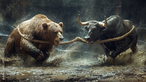 Intense showdown bear vs. Bull in a muddy ring of strength photo