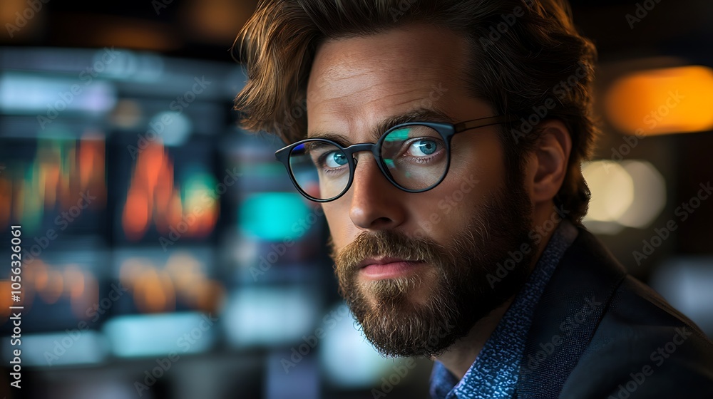 Focused professional analyzing data trends in modern business environment Focused professional analyzing data trends in modern business environment