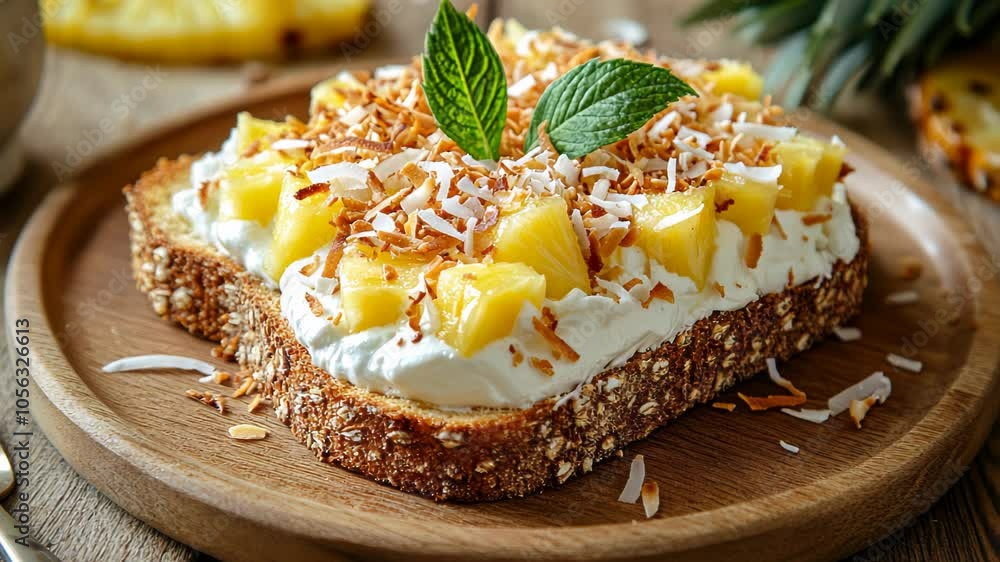 A slice of bread topped with cream, pineapple, coconut, and mint, presented on a wooden plate. A slice of bread topped with cream, pineapple, coconut, and mint, presented on a wooden plate.