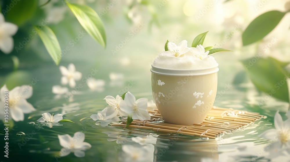 A white ceramic jar with a white cream on a bamboo mat floating on water, surrounded by white flowers and green leaves in a garden. A white ceramic jar with a white cream on a bamboo mat floating on water, surrounded by white flowers and green leaves in a garden.
