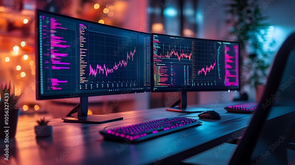 Analyzing data trends with dual monitors in a modern workspace Analyzing data trends with dual monitors in a modern workspace