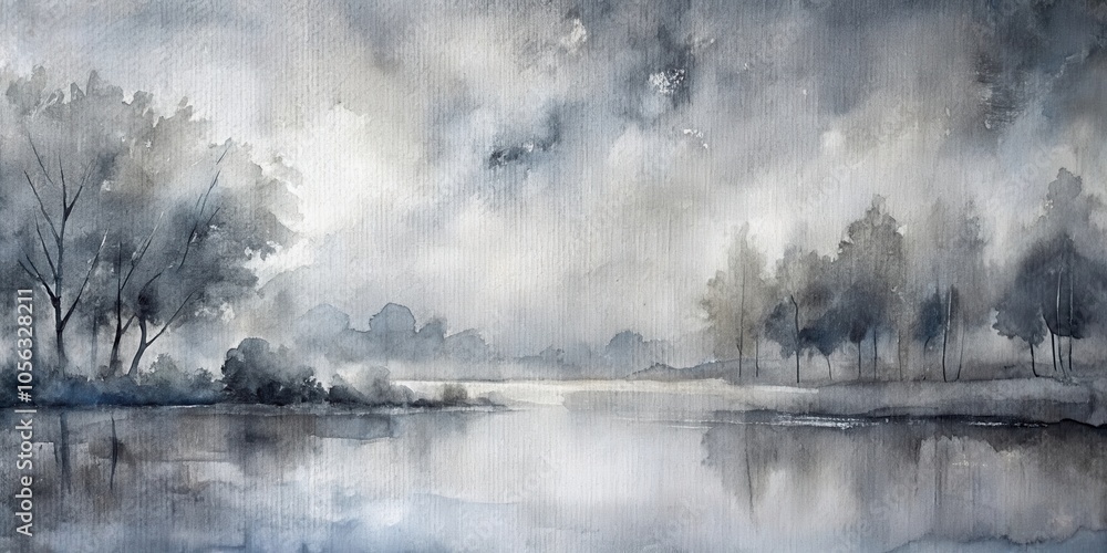 Obraz premium A watercolor landscape painting of a still lake, shrouded in mist, with silhouetted trees reflected in the water